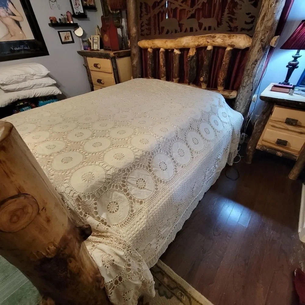 Antique Vintage Hand Crochet Lace King Size Duvet Cover Off-white Cream
